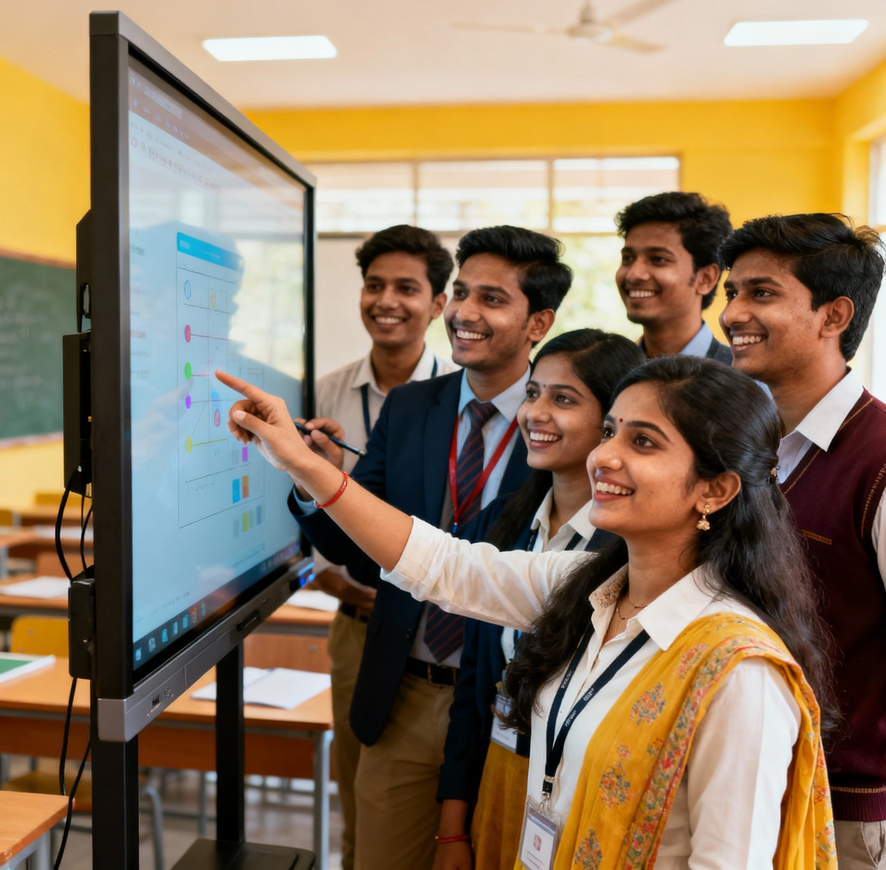 Group of Indian teachers attending a digital training session in a modern classroom, interacting with an interactive flat panel, smiling and engaged.