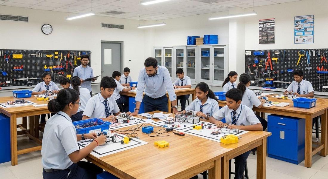 Students working in groups at lab workstations